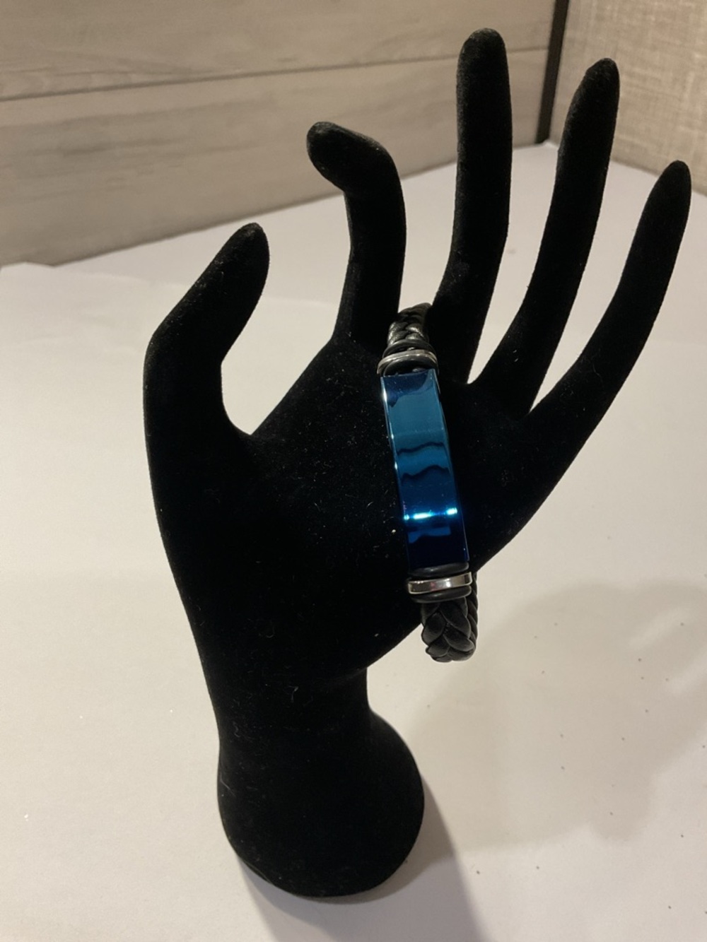 Men's Black Braided Bracelet with Blue Accent Bar